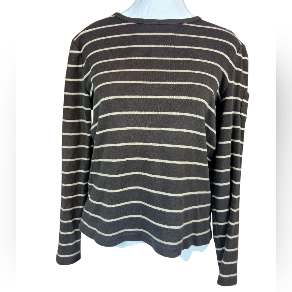 🍂 Lauren Ralph Lauren Brown and Cream Fall Cotton Shirt Medium Embroidred EUC